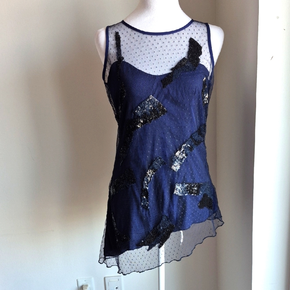 Beautiful Stories Blue Sheer Sequined Top Size XS